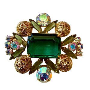Vintage Juliana Emerald Green Rhinestone Gold Filigree Brooch Pin READ